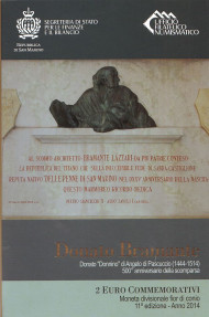 Монета 2 евро. 2014 год, Сан-Марино. (в буклете) 500-летие со смерти архитектора Донато Браманте. Монета 2 евро. 2014 год, Сан-Марино. (в буклете) 500-летие со смерти архитектора Донато Браманте.