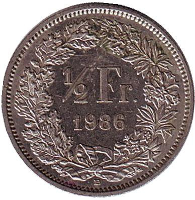 Монета 1/2 франка. 1986 год, Швейцария.