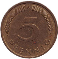 Монета 5 пфеннигов. 1978 год (G), ФРГ. Дубовые листья. Монета 5 пфеннигов. 1978 год (G), ФРГ. Дубовые листья.