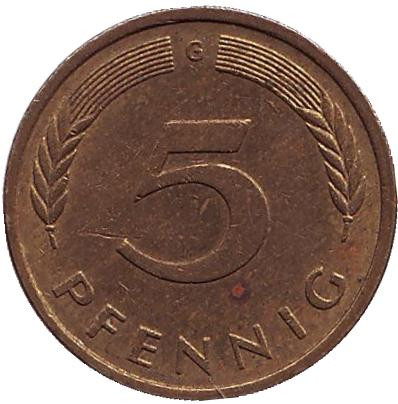 Монета 5 пфеннигов. 1978 год (G), ФРГ. (Из обращения). Дубовые листья.