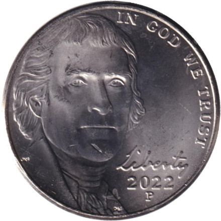 Монета 5 центов. 2022 год (P), США. Джефферсон. Монтичелло.