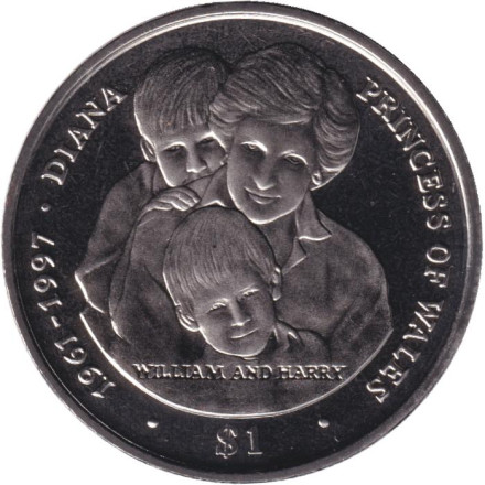 Монета 1 доллар. 2007 год, Сьерра-Леоне. 10 лет со дня смерти Принцессы Дианы. Вильям и Гарри.