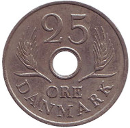 Монета 25 эре. 1967 год, Дания. (Новый тип). Монета 25 эре. 1967 год, Дания. (Новый тип).