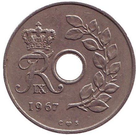 Монета 25 эре. 1967 год, Дания. (Новый тип).