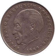 Монета 2 марки. 1982 год (F), ФРГ. Конрад Аденауэр. Монета 2 марки. 1982 год (F), ФРГ. Конрад Аденауэр.