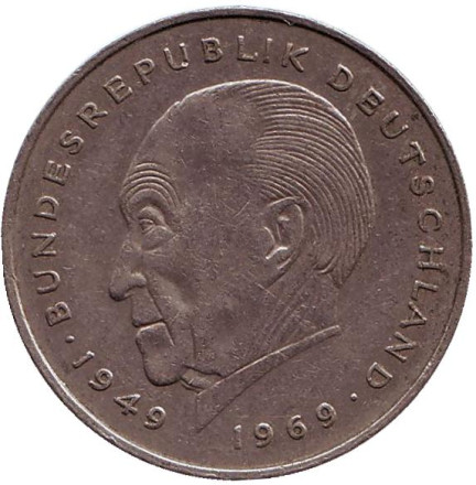 Монета 2 марки. 1982 год (F), ФРГ. Из обращения. Конрад Аденауэр.