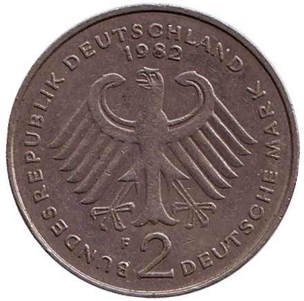 Монета 2 марки. 1982 год (F), ФРГ. Конрад Аденауэр. Монета 2 марки. 1982 год (F), ФРГ. Конрад Аденауэр.