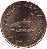 Монета 2 денара, 2014 год, Македония. Форель. Монета 2 денара, 2014 год, Македония. Форель.