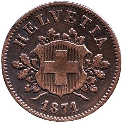 Монета 10 раппенов. 1871 год, Швейцария. Монета 10 раппенов. 1871 год, Швейцария.