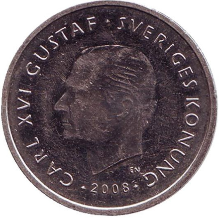Монета 1 крона. 2008 год, Швеция. Король Карл XVI Густав. Корона.