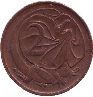 Монета 2 цента. 1972 год, Австралия. Плащеносная ящерица. Монета 2 цента. 1972 год, Австралия. Плащеносная ящерица.