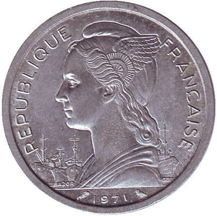 Монета 2 франка. 1971 год, Реюньон. Монета 2 франка. 1971 год, Реюньон.