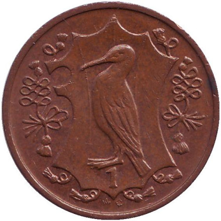 Монета 1 пенни. 1987 год, Остров Мэн. (AС) Хохлатый баклан.