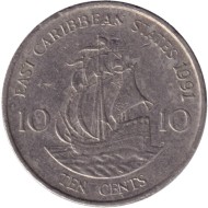 Монета 10 центов. 1991 год, Восточно-Карибские государства. Парусник.