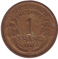 Монета 1 франк. 1941 год, Франция. (Алюминиевая бронза) Монета 1 франк. 1941 год, Франция. (Алюминиевая бронза)