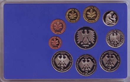Набор монет ФРГ (10 шт.). 1996 год. (F). Proof. Набор монет ФРГ (10 шт.). 1996 год. (F). Proof.