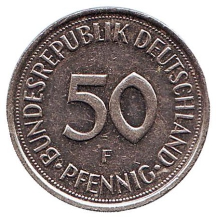 Монета 50 пфеннигов. 1993 год (F), ФРГ. Женщина, сажающая дуб. Монета 50 пфеннигов. 1993 год (F), ФРГ. Женщина, сажающая дуб.