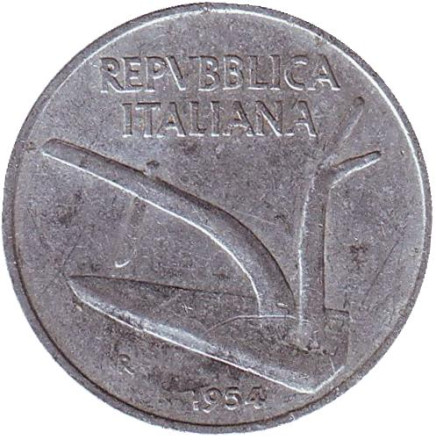 Монета 10 лир. 1954 год, Италия. Колосья пшеницы. Плуг.