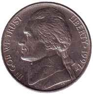 Монета 5 центов. 1997 год (P), США. Джефферсон. Монтичелло. Монета 5 центов. 1997 год (P), США. Джефферсон. Монтичелло.