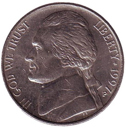 Монета 5 центов. 1997 год (P), США. Джефферсон. Монтичелло.