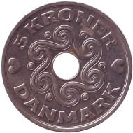 Монета 5 крон. 1991 год, Дания. Монета 5 крон. 1991 год, Дания.
