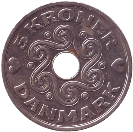 Монета 5 крон. 1991 год, Дания.