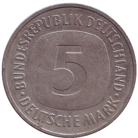 Монета 5 марок. 1991 год (D), ФРГ.