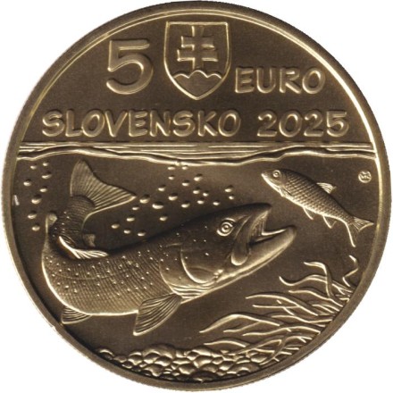 Монета 5 евро. 2025 год, Словакия. Дунайский лосось.