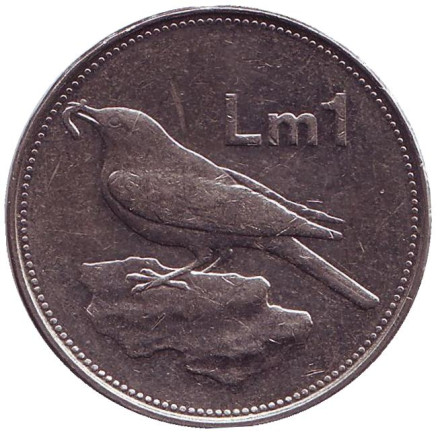 Монета 1 лира. 1995 год, Мальта. Птица мерилл.