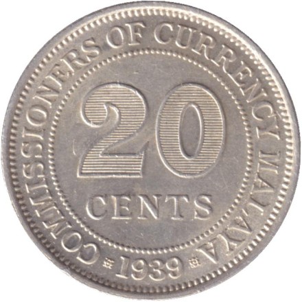 Монета 20 центов. 1939 год, Малайя.
