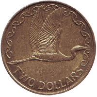 Белая цапля. Монета 2 доллара. 2003 год, Новая Зеландия.