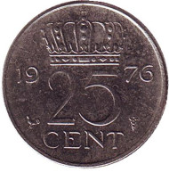 Монета 25 центов. 1976 год, Нидерланды. Монета 25 центов. 1976 год, Нидерланды.
