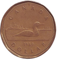 Монета 1 доллар, 1989 год, Канада. Утка. Монета 1 доллар, 1989 год, Канада. Утка.