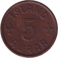 Монета 5 аураров. 1926 год, Исландия. Монета 5 аураров. 1926 год, Исландия.