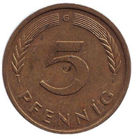 Монета 5 пфеннигов. 1975 год (G), ФРГ. Дубовые листья. Монета 5 пфеннигов. 1975 год (G), ФРГ. Дубовые листья.