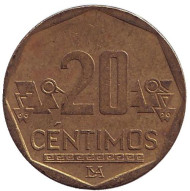 Монета 20 сентимов. 2011 год, Перу. Монета 20 сентимов. 2011 год, Перу.