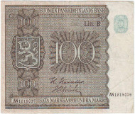 Бона 100 марок. 1945 год, Финляндия. (Litt.B) Бона 100 марок. 1945 год, Финляндия. (Litt.B)