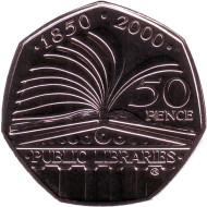 Монета 50 пенсов. 2000 год, Великобритания. BU. 150 лет публичной библиотеке. Монета 50 пенсов. 2000 год, Великобритания. BU. 150 лет публичной библиотеке.