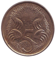 Монета 5 центов. 2010 год, Австралия. Ехидна. Монета 5 центов. 2010 год, Австралия. Ехидна.
