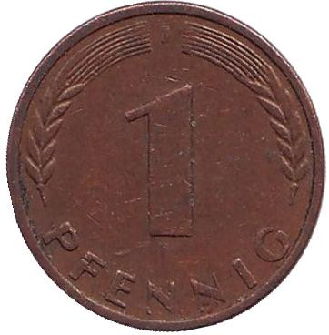 Монета 1 пфенниг. 1968 год (J), ФРГ. Дубовые листья.