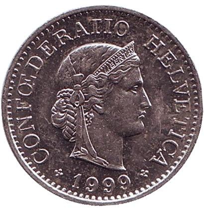 Монета 10 раппенов. 1999 год, Швейцария.