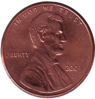 Монета 1 цент. 2003 год (D), США. Линкольн. Монета 1 цент. 2003 год (D), США. Линкольн.