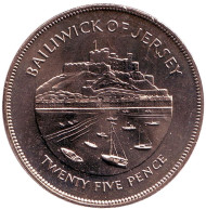 Монета 25 пенсов. 1977 год, Джерси. Замок Мон-Оргей и бухта Гори. 25 лет правления королевы Елизаветы II.