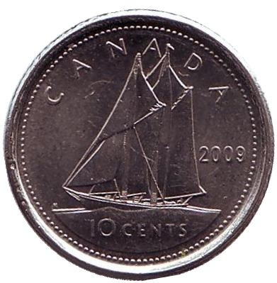 Монета 10 центов. 2009 год, Канада. Парусник.
