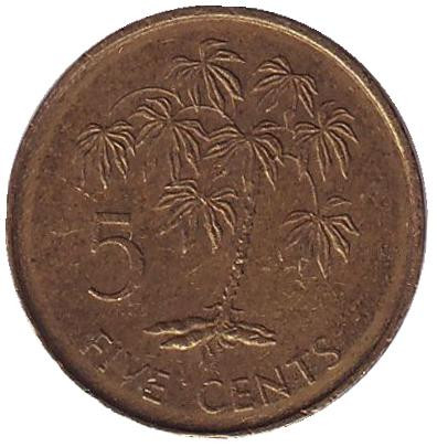 Монета 5 центов. 1982 год, Сейшельские острова. Маниоковая пальма.