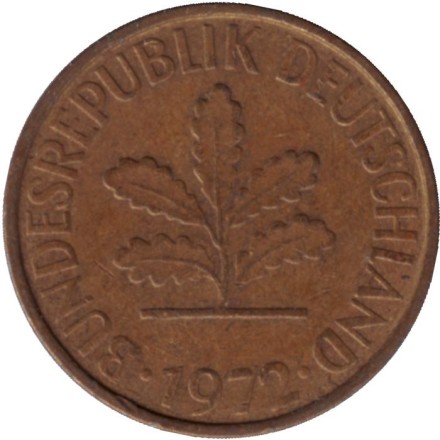 Монета 5 пфеннигов. 1972 год (F), ФРГ. Дубовые листья. Монета 5 пфеннигов. 1972 год (F), ФРГ. Дубовые листья.