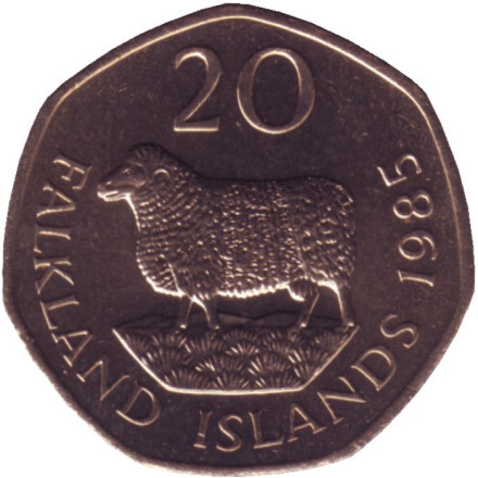 Монета 20 пенсов. 1985 год, Фолклендские острова. UNC. Овца "Ромни-марш".