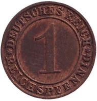 Монета 1 рейхспфенниг. 1934 год (J), Веймарская республика. Монета 1 рейхспфенниг. 1934 год (J), Веймарская республика.