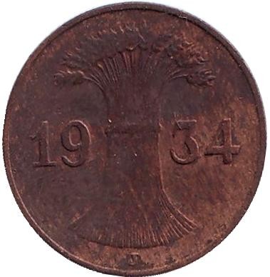 Монета 1 рейхспфенниг. 1934 год (J), Веймарская республика.