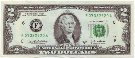 Банкнота 2 доллара. 2003 год, США. Из обращения.
